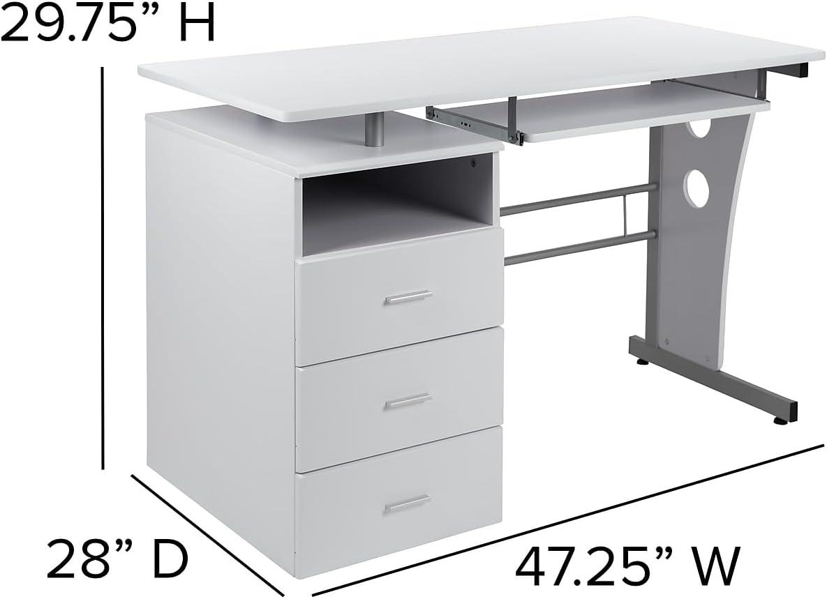 Flash Furniture White Desk with Three Drawer Pedestal and Pull-Out Keyboard Tray
