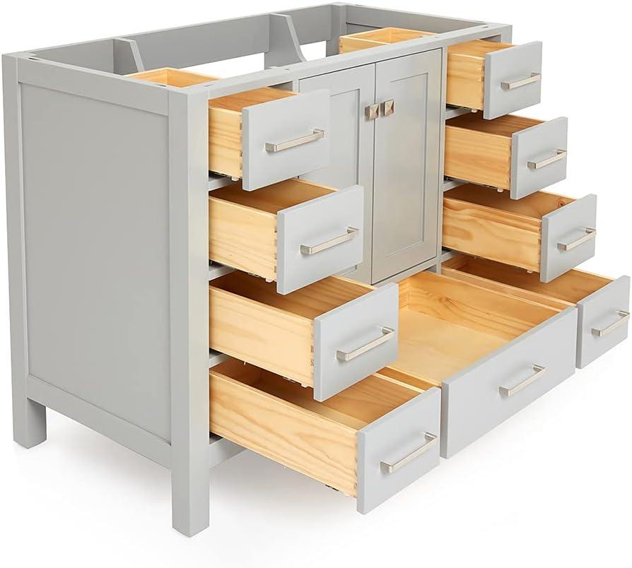 ARIEL 48" Grey Bathroom Vanity Base Cabinet, Single Sink Configuration, 2 Soft Closing Doors, 9 Full Extension Dovetail Drawers, Brushed Nickel