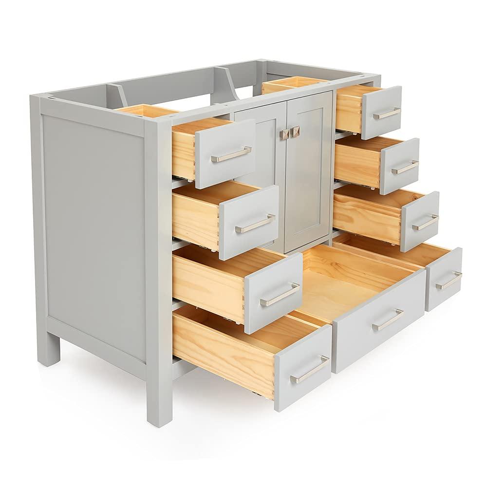 ARIEL 48" Grey Bathroom Vanity Base Cabinet, Single Sink Configuration, 2 Soft Closing Doors, 9 Full Extension Dovetail Drawers, Brushed Nickel