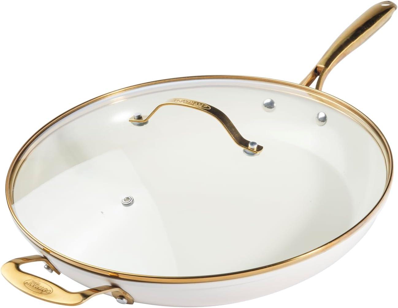 Gotham Steel Cream 14'' Ultra Nonstick Ceramic Family Pan with Lid and Gold Handles