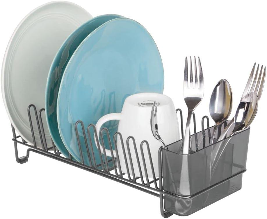 Graphite Gray Steel Compact Dish Drying Rack with Utensil Cup