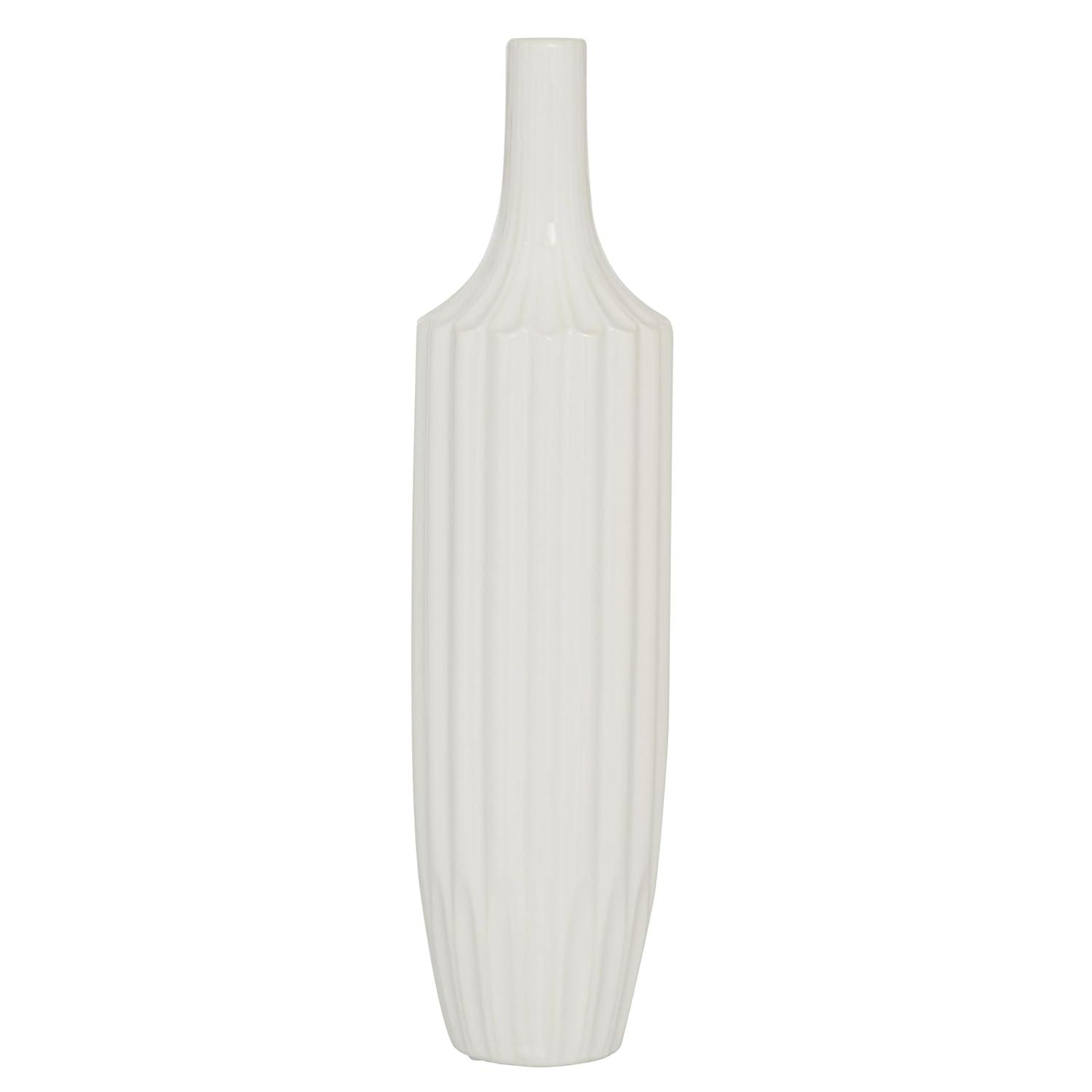 DecMode Modern Ceramic Tall White Decorative Vase with Vertical Groove Pattern 5"W x 19"H