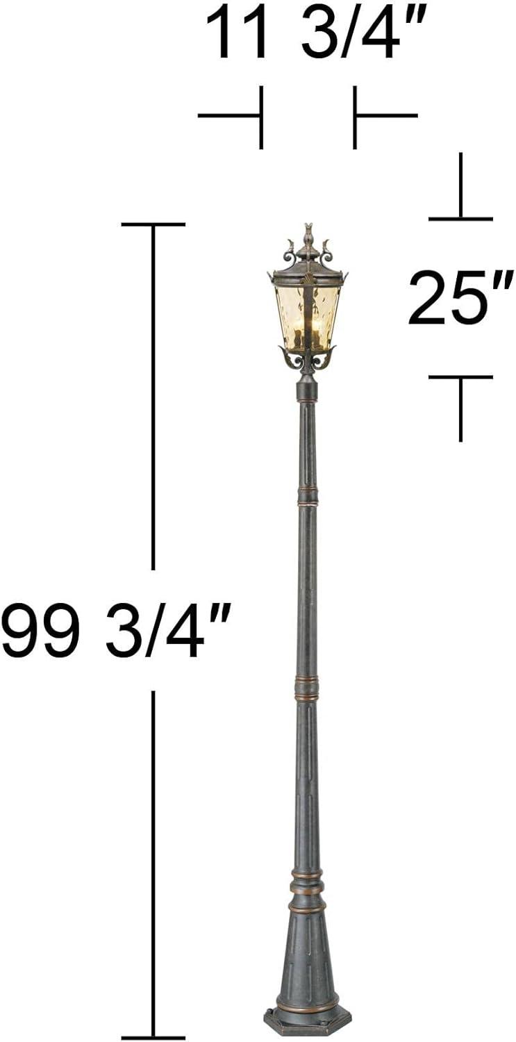 John Timberland Casa Marseille Vintage Rustic Outdoor Post Light with Flat Base Pole Bronze 99 3/4" Champagne Hammered Glass for Exterior Barn Deck