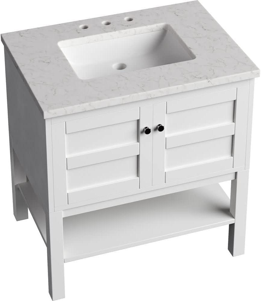 Hanover Manorville 31'' Vanity Cabinet with Sink Combo for Bathroom, Powder Room | Pre-Assembled Cabinet | Artificial Stone Marble Countertop, White Cabinet | HANVN0101-31-1WH
