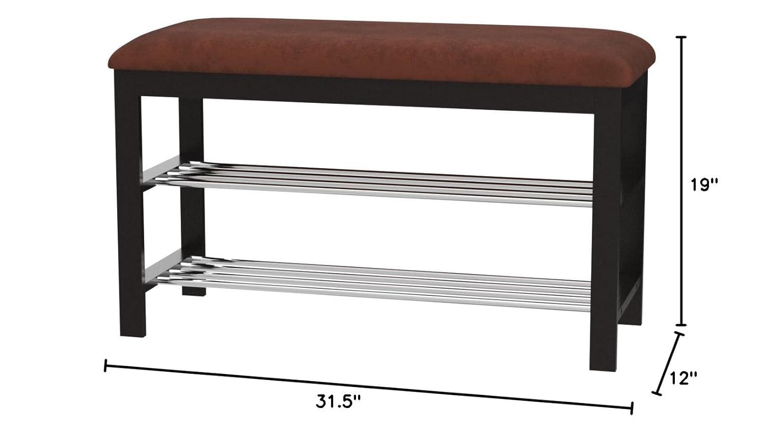 Roundhill Furniture Wood Shoe Bench with Chocolate Microfiber Seat, Black