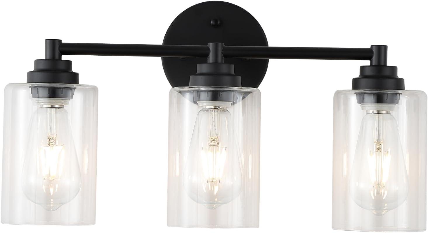 3-Light Bathroom Light Fixtures Bathroom Vanity Lights with Clear Glass Shades Matte Black Bathroom Light Fixtures over mirror for Mirror Living Room Cabinet Bedroom Porch