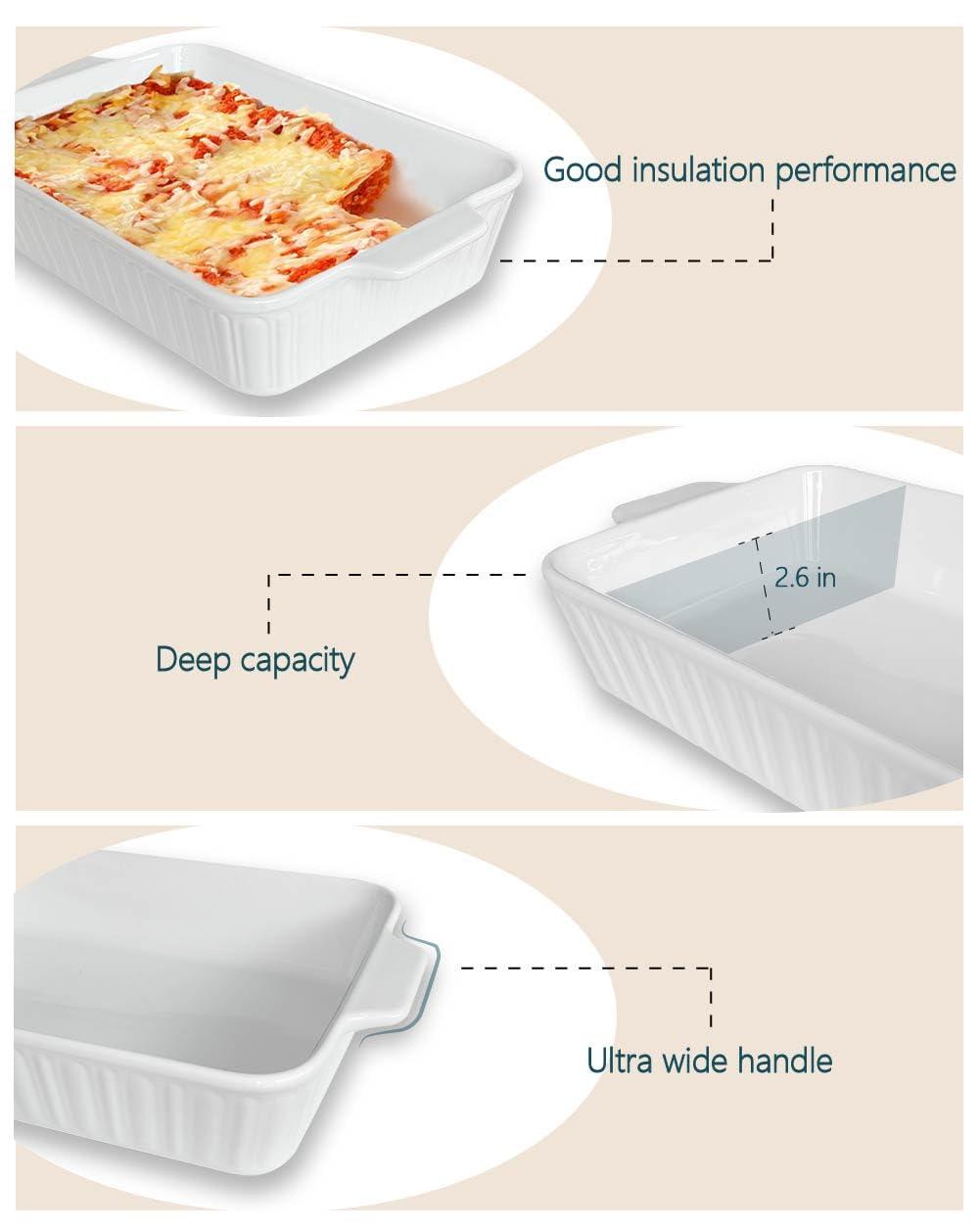Qlans Casserole Dish, 9x13 Ceramic Baking Dish, Large Lasagna Pan Deep for Oven, 4.2 Quarts Baking Pan with Handles, For baking cake in the kitchen,Mother's Day Gifts, White