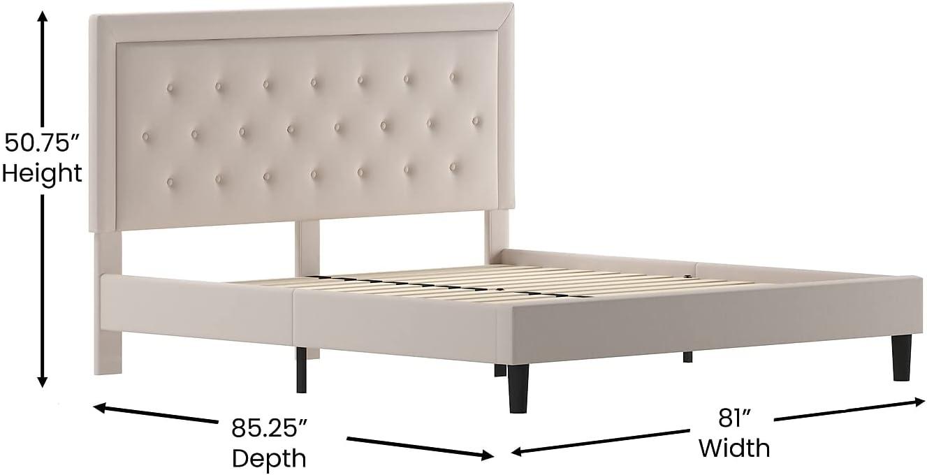 Modern Beige King Size Tufted Upholstered Platform Bed with Slats