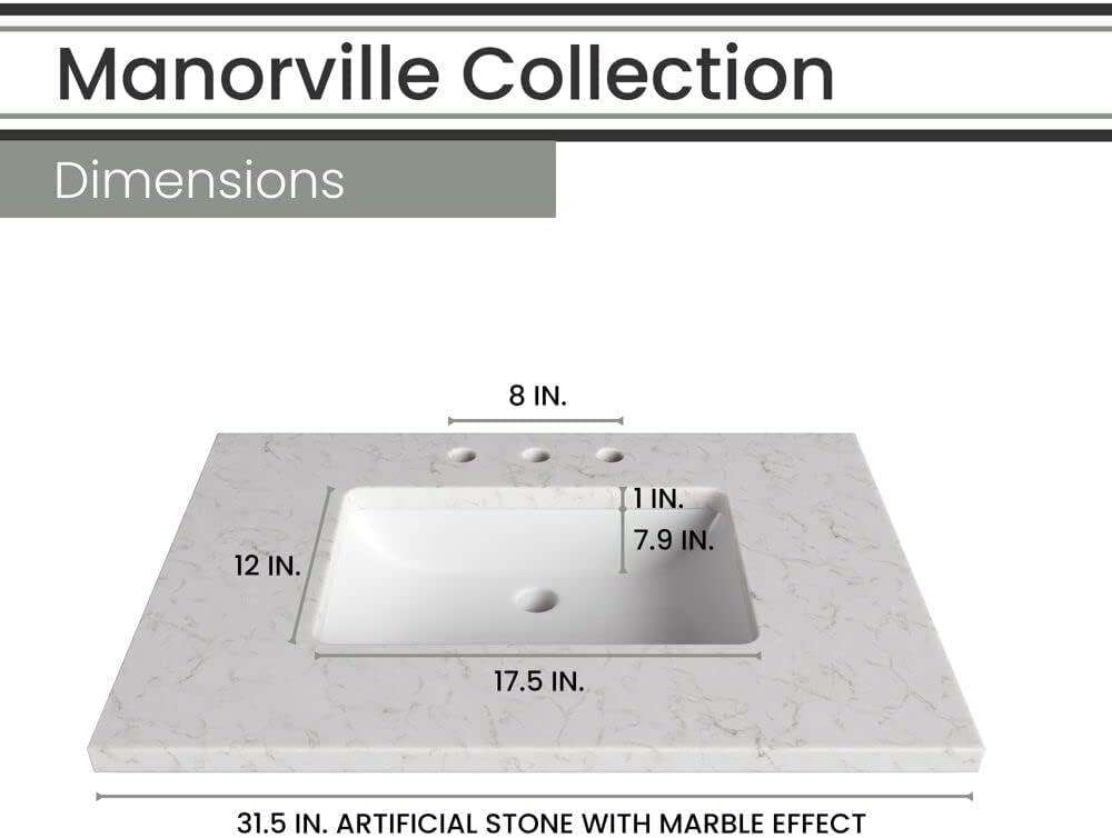 Hanover Manorville 31'' Vanity Cabinet with Sink Combo for Bathroom, Powder Room | Pre-Assembled Cabinet | Artificial Stone Marble Countertop, White Cabinet | HANVN0101-31-1WH