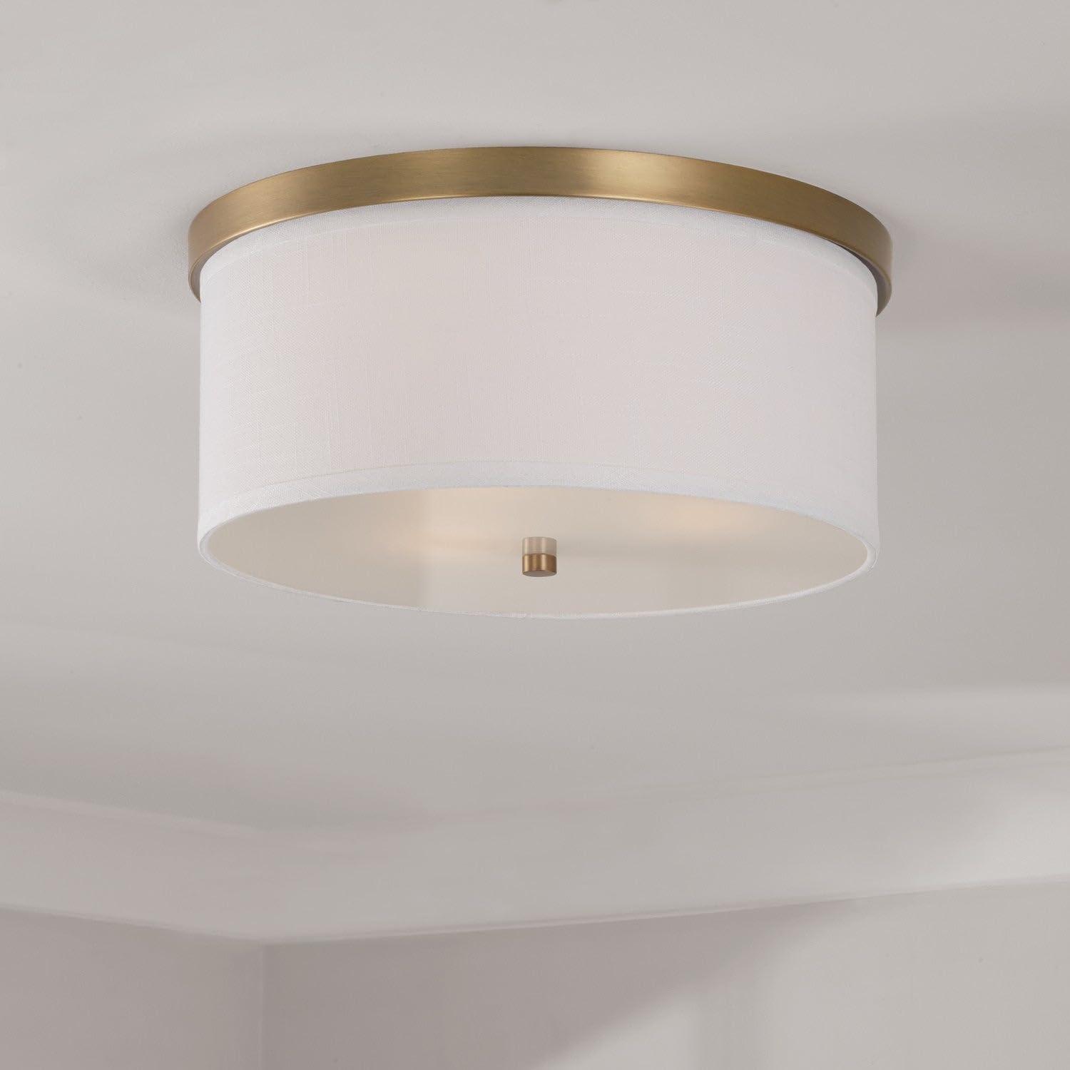 Aged Brass and White Fabric Drum Flush Mount Light