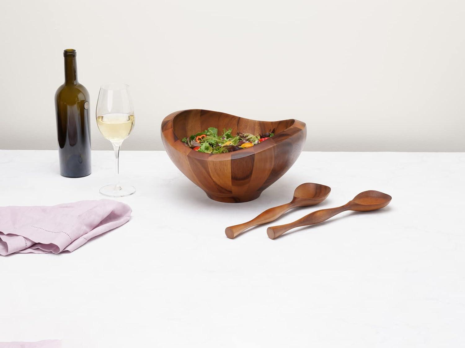 Nambe Bella Acacia Wood Salad Bowl w/ Servers,Bowl: 15" D x 8" H Servers: 13" L