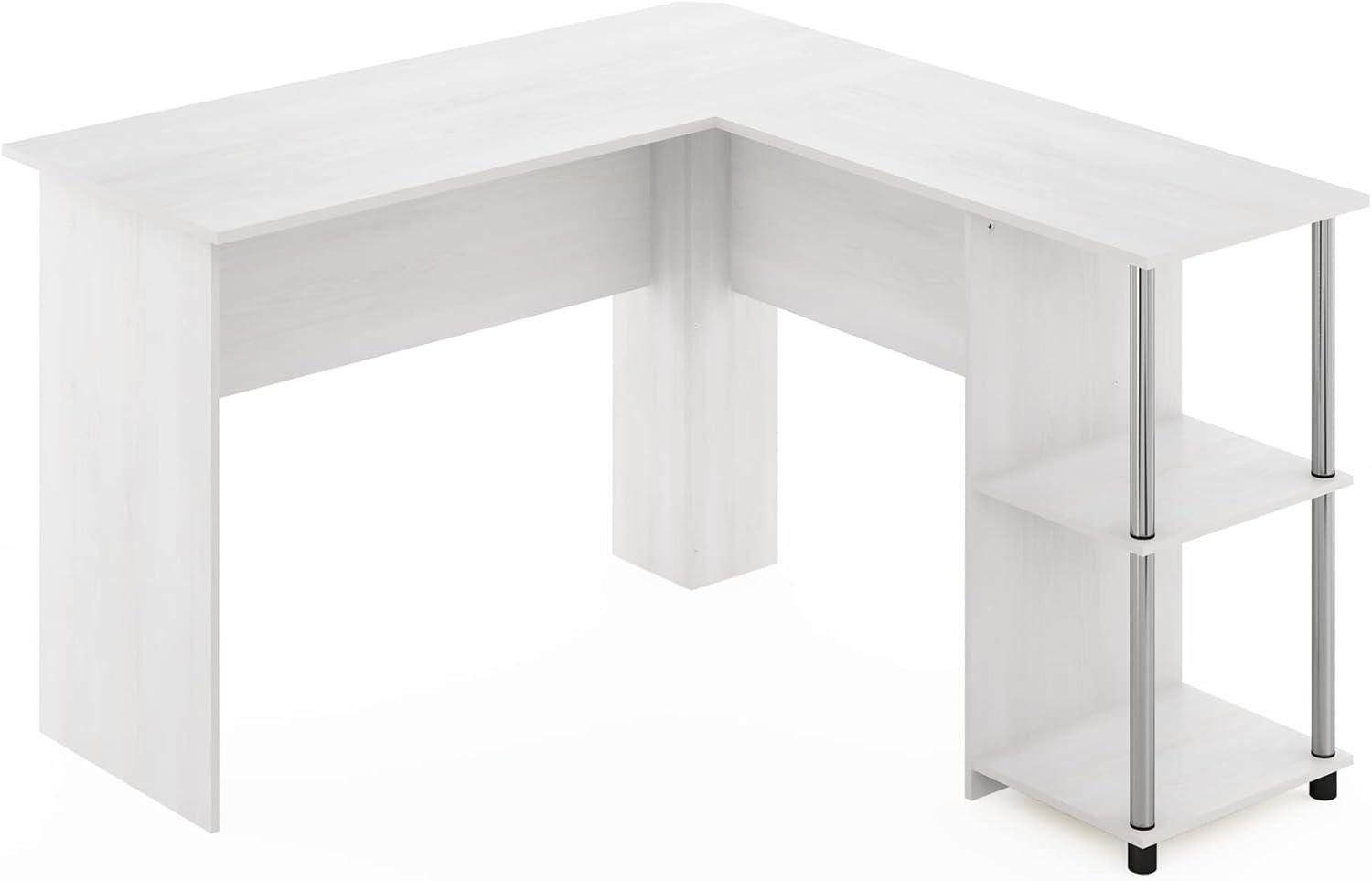 Furinno L-Shape Desk with Stainless Steel Tubes, White Oak