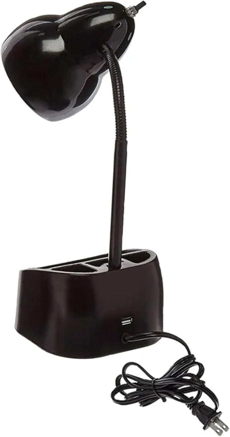Globe Electric 6.3 x 6.69 x 10.63 Inches Goose Neck Desk Lamp with 10 Watt A-19 Non Dimmable LED Bulb, 2.1a USB Port and Organizer, Black