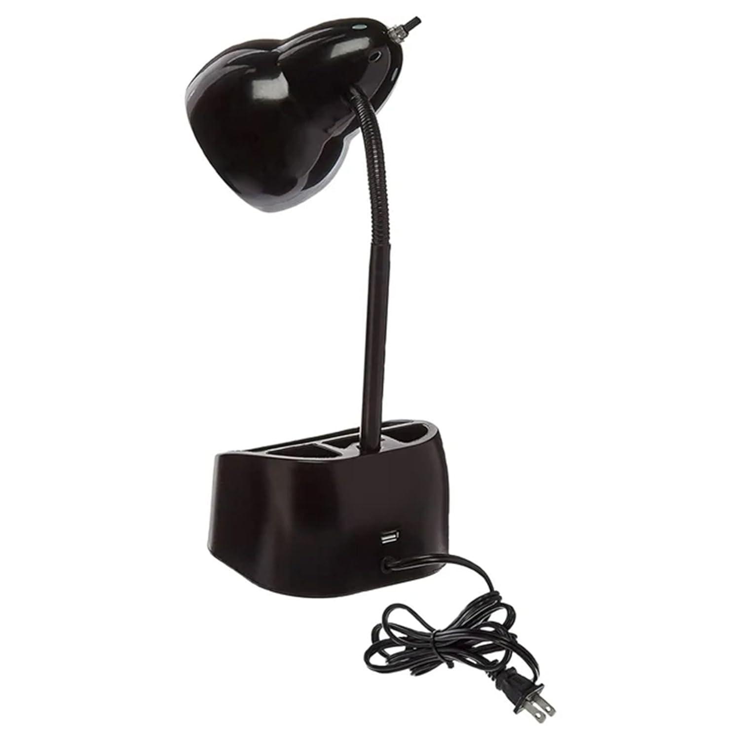 Globe Electric 6.3 x 6.69 x 10.63 Inches Goose Neck Desk Lamp with 10 Watt A-19 Non Dimmable LED Bulb, 2.1a USB Port and Organizer, Black