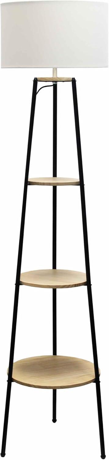 62.5" Black Tripod Floor Lamp with Light Wood Shelves