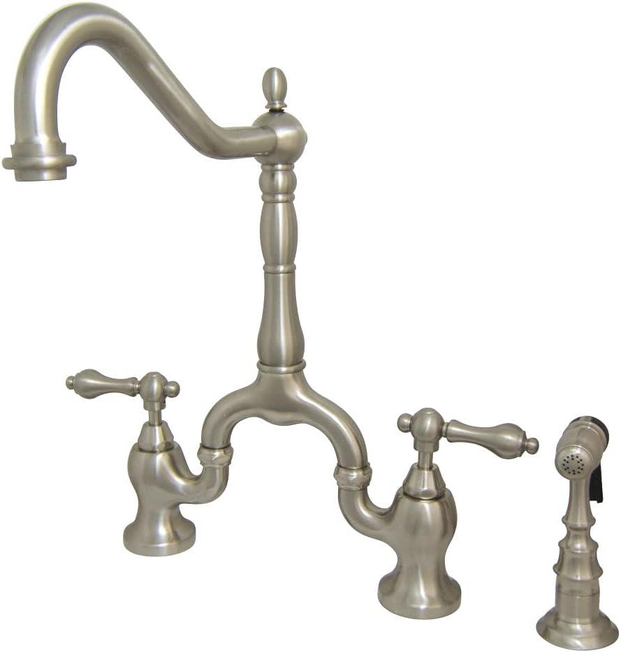 Kingston Brass English Country Two-Handle 3-Hole Deck Mount Bridge Kitchen Faucet with Brass Side Sprayer