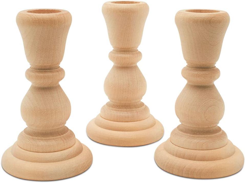 Natural Unfinished Wooden Candlestick Holders, Set of 12