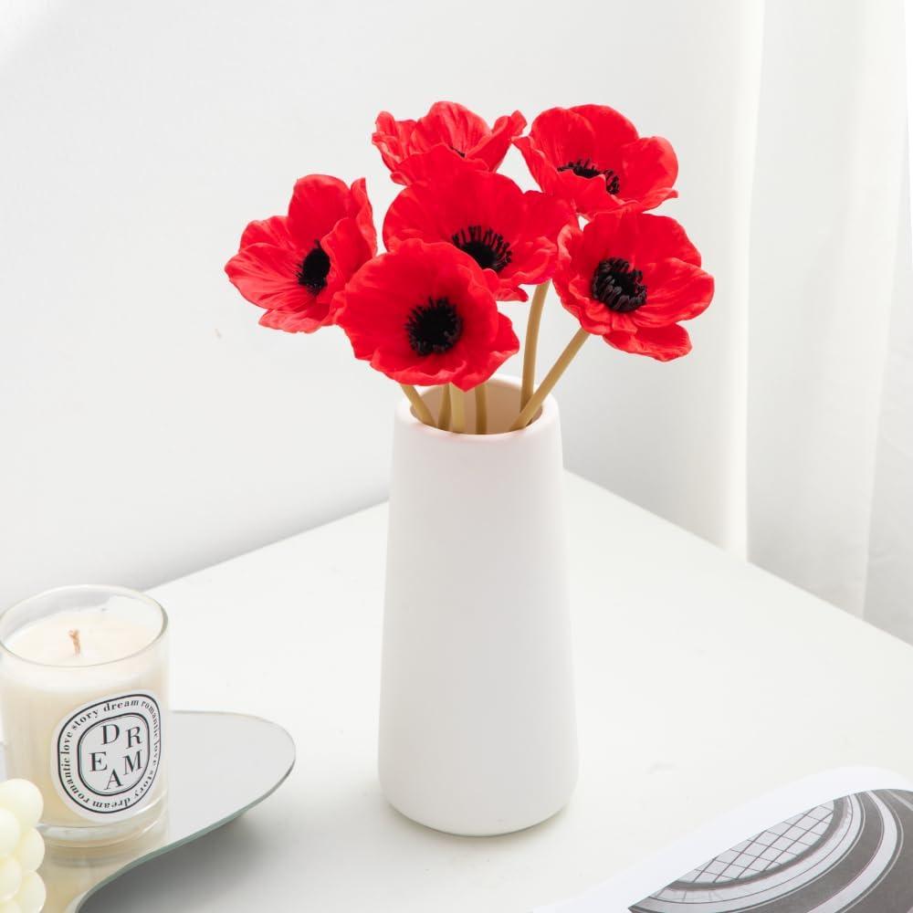 Floral Kingdom Artificial Anemone Poppy, Real Touch Latex, Red, 10 Inch, 8 Pack for Home and Wedding Table Decor, All Season