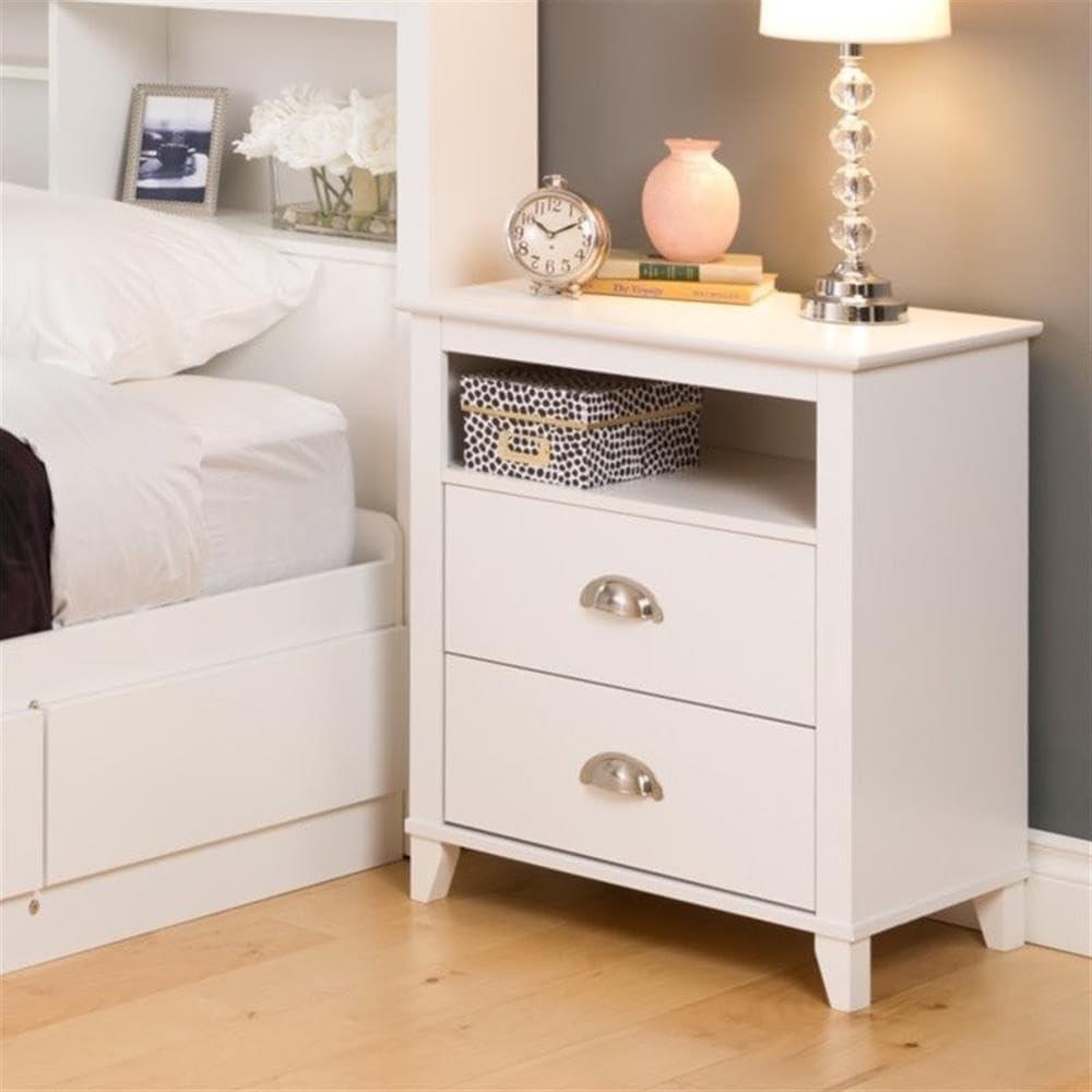 Prepac Yaletown 2 Drawer Nightstand White: Modern Rectangular Bedside Furniture, Wood Composite Construction