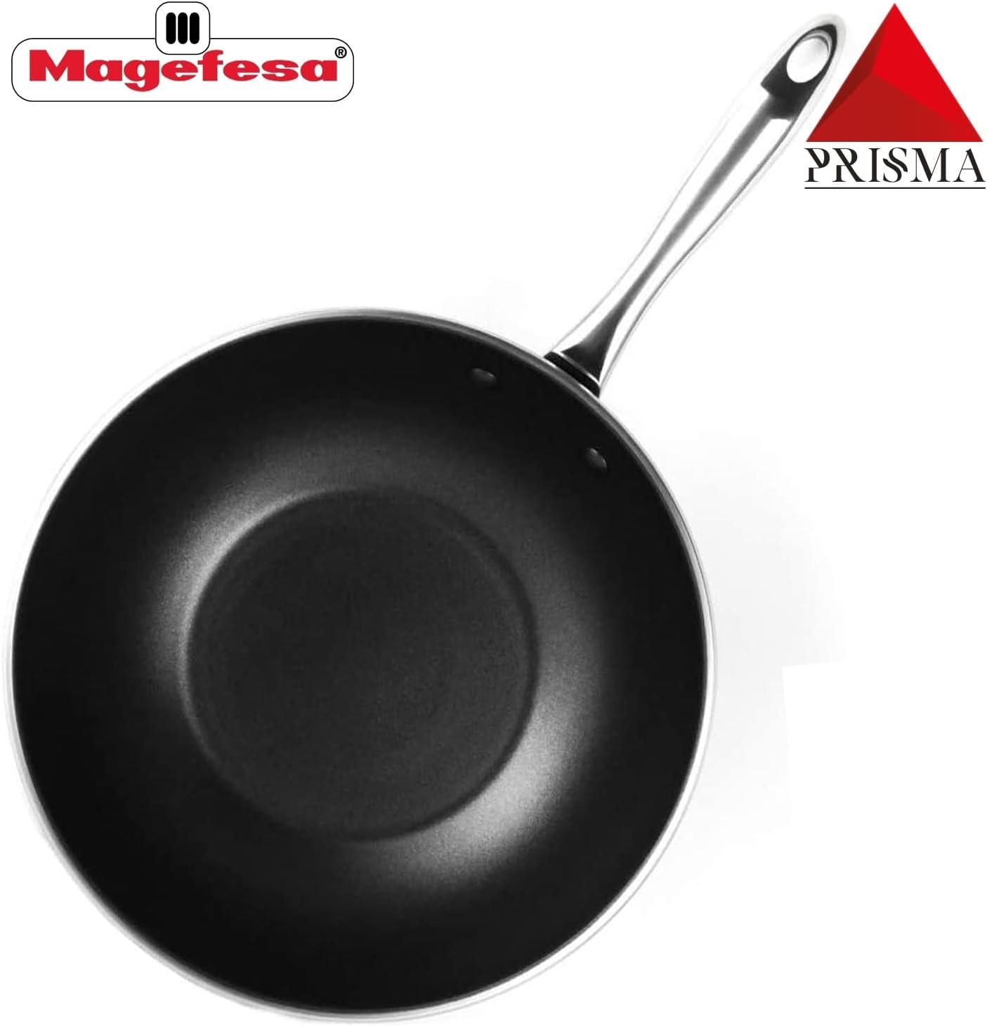 MAGEFESA Prisma 11" Stainless Steel Wok with Triple-Layer Nonstick Coating, Induction-Compatible, Oven & Dishwasher Safe, Stir-Fry Pan