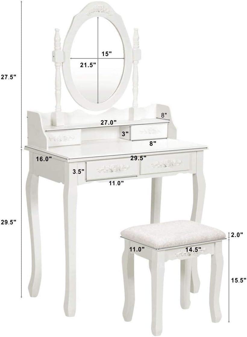 Giantex Girls Vanity Desk with 4 Drawers, White Makeup Vanity Table with Mirror and Cushioned Stool, Rose Shaped Knobs, Modern Bedroom Dressing Table for Small Place Apartment
