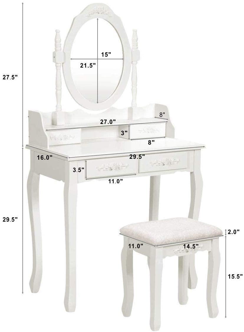 Giantex Girls Vanity Desk with 4 Drawers, White Makeup Vanity Table with Mirror and Cushioned Stool, Rose Shaped Knobs, Modern Bedroom Dressing Table for Small Place Apartment