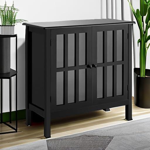 Tangkula Sideboard Buffet Storage Cabinet, with 2 Glass Doors, Liquor Curio Cabinet for Home Kitchen Dining Room, Cupboard Console Table (Black)