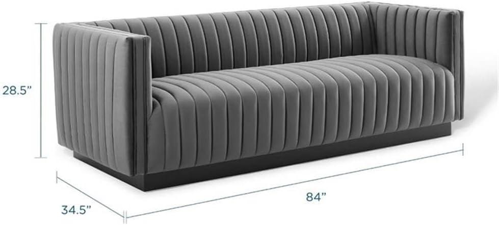 Gray Tufted Velvet Tuxedo Arm Sofa with Wood Base