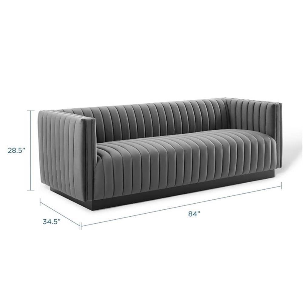 Gray Tufted Velvet Tuxedo Arm Sofa with Wood Base
