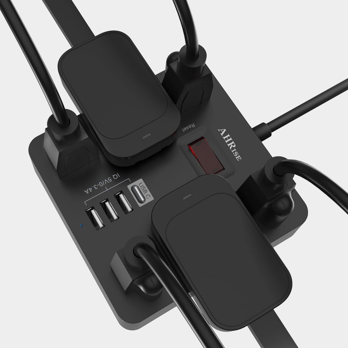 ONDOG 5ft Extension Cord - 6 AC Outlets and 4 USB Charging Ports, Power Strip for Home, Office, Black