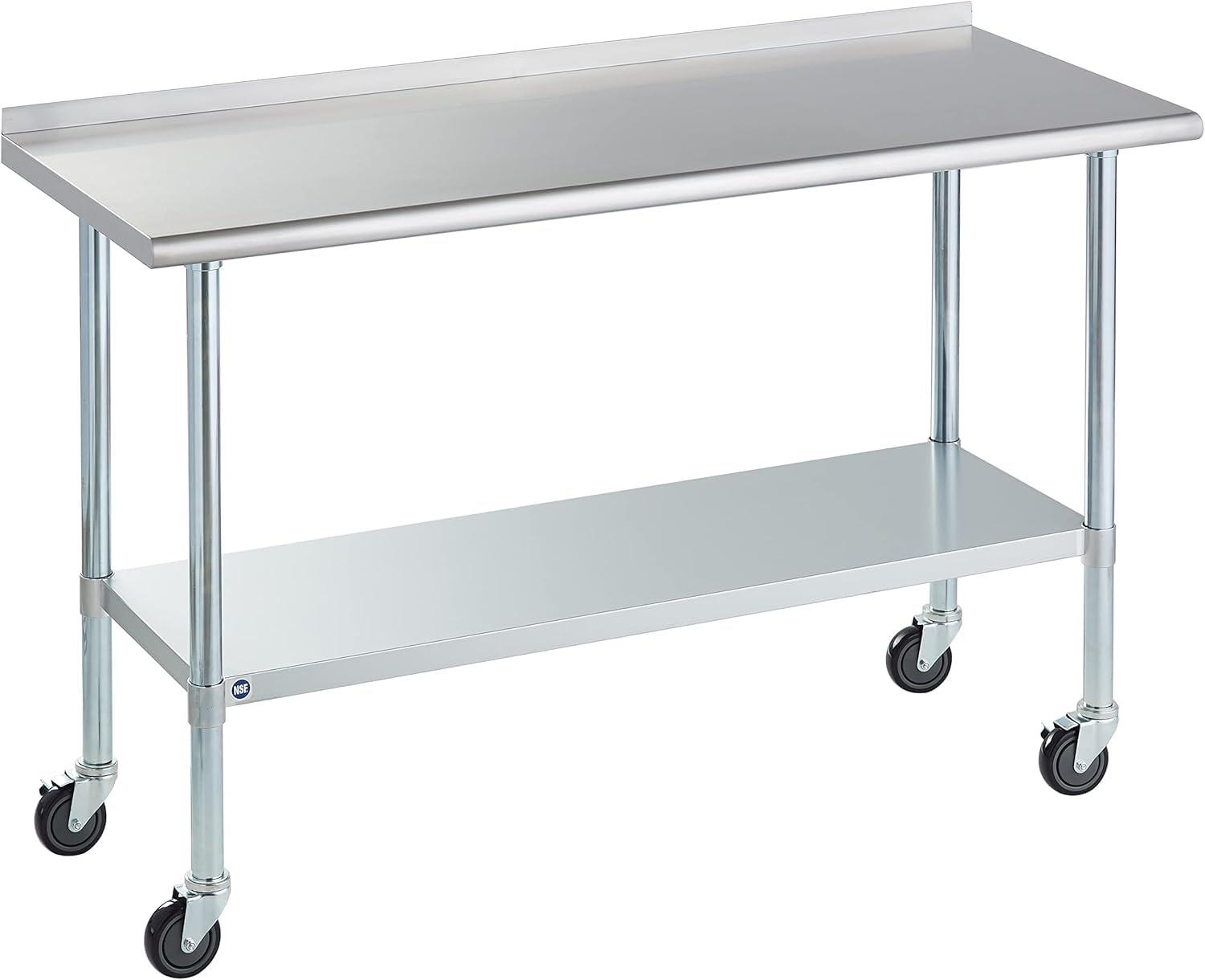 AmGood 60" Long x 24" Deep Stainless Steel Work Table With Open Base and Wheels | Mobile Metal Table