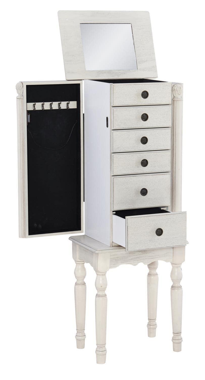 Off-White Distressed Finish Cottage Jewelry Armoire with Mirror