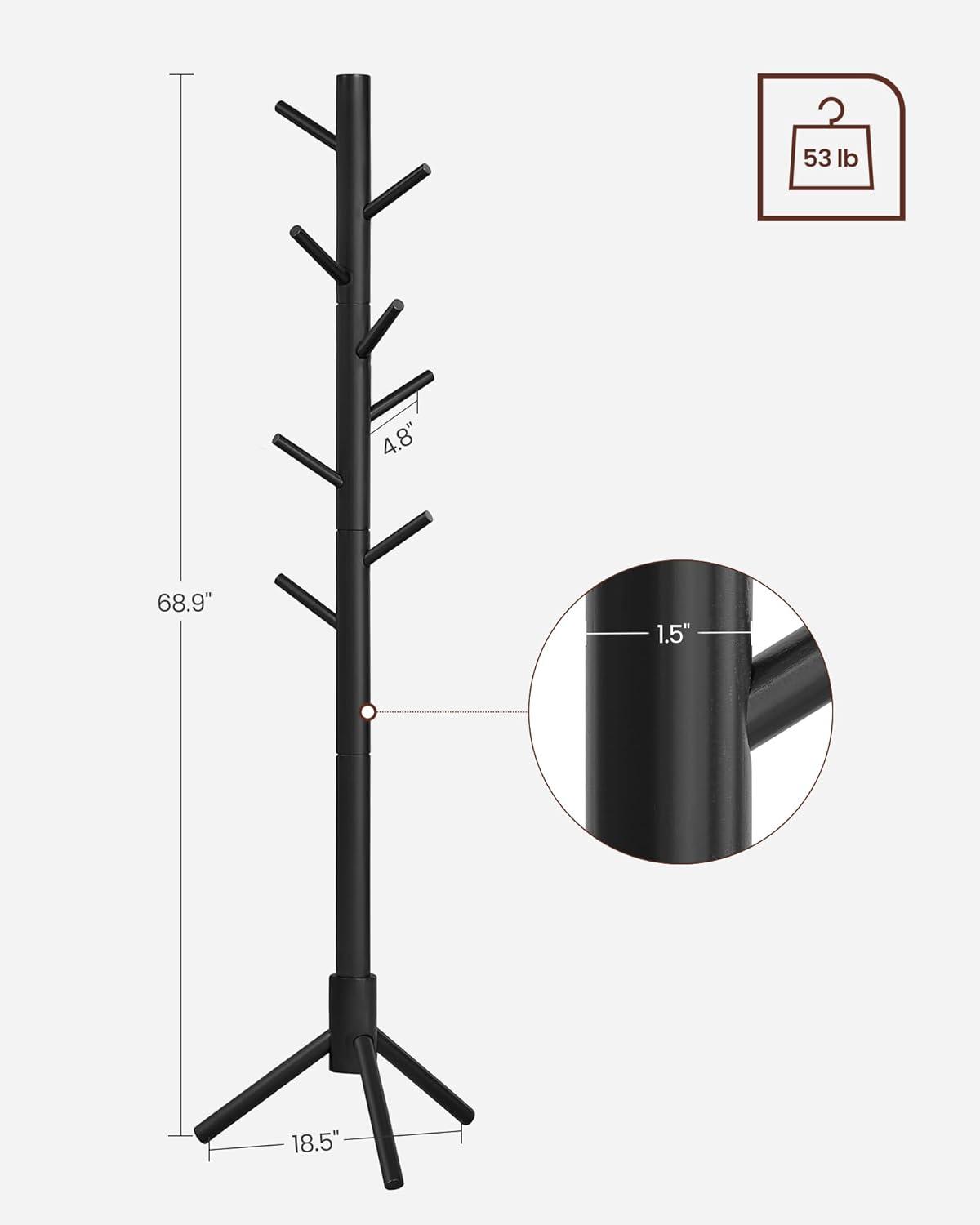 VASAGLE 8 Hooks Solid Wood Coat Rack Free Standing Coat Rack Tree-Shaped Coat Rack Black