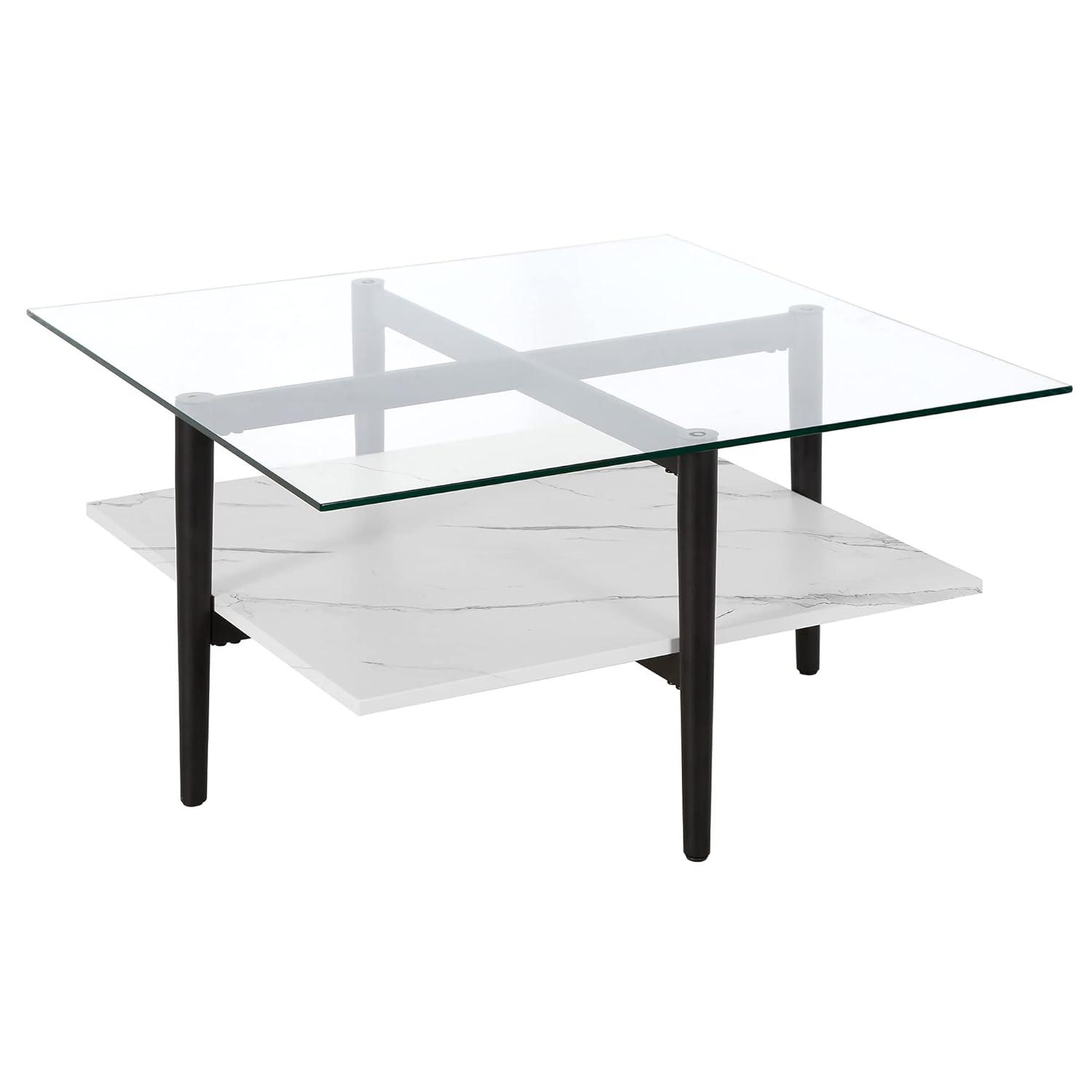 Evelyn&Zoe Otto 32" Wide Square Coffee Table with Faux Marble Shelf, Blackened Bronze