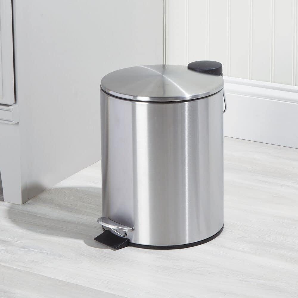 mDesign Round Metal 1.3 Gal Step Trash Can, Lid, Removable Liner, Brushed/Chrome