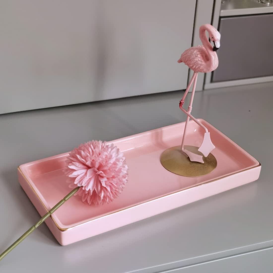 10 x 5 Ceramic Bathroom Tray for Countertop, Decorative Vanity Tray for Dresser Tops, Small Rectangular Trays for Perfume, Candle, Jewelry, Cosmetics (Pink)