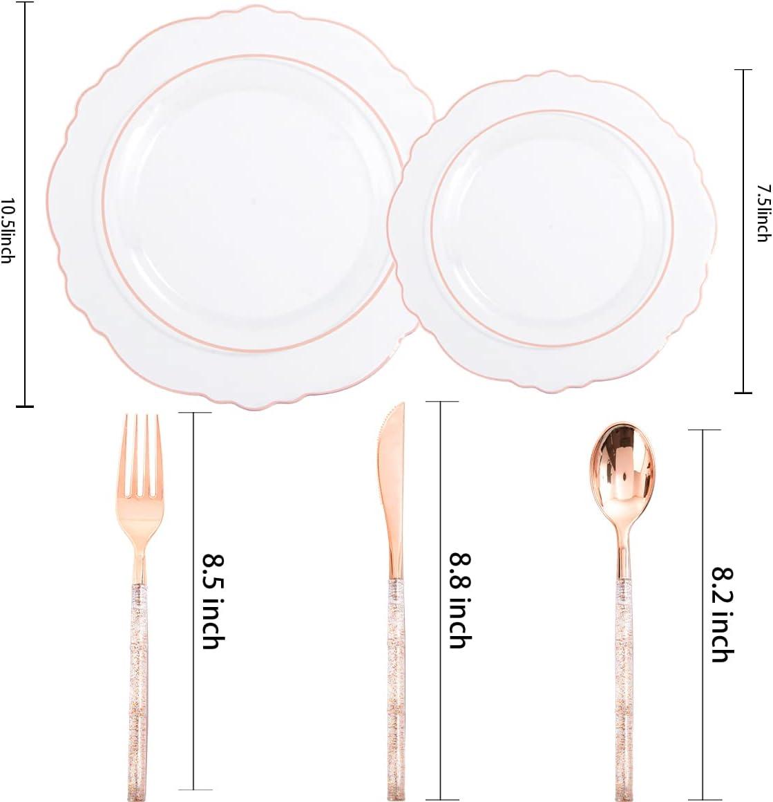 150PCS Rose Gold Plastic Plates - Clear Rose Gold Disposable Plates with Glitter Bamboo Handle Cutlery - 60 Baroque Elegant Plates, 30 Forks, 30 Spoons, 30 Knives for Wedding & party