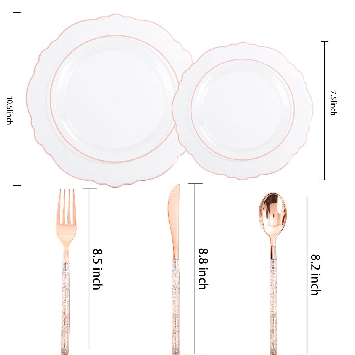Liacere 150PCS Rose Gold Plastic Plates - Clear Rose Gold Disposable Plates with Glitter Bamboo Handle Cutlery - 60 Baroque Elegant Plates, 30 Forks, 30 Spoons, 30 Knives for Thanksging day&Chrismas