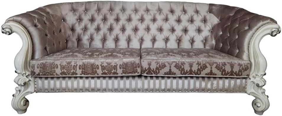 99" Versailles Sofa Ivory Fabric and Bone White Finish - Acme Furniture: Crescent-Shaped, Nailhead Trim, No Assembly Required