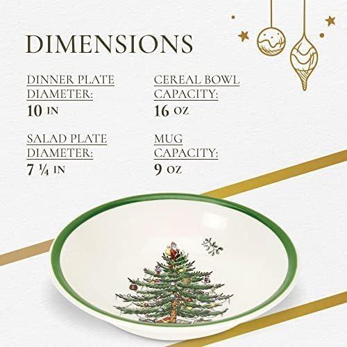 Spode Christmas Tree Collection 16-Piece Dinnerware Set, 10" Dinner Plate, 7.25" Salad Plate, 16 oz Cereal Bowl, 9 oz Mug