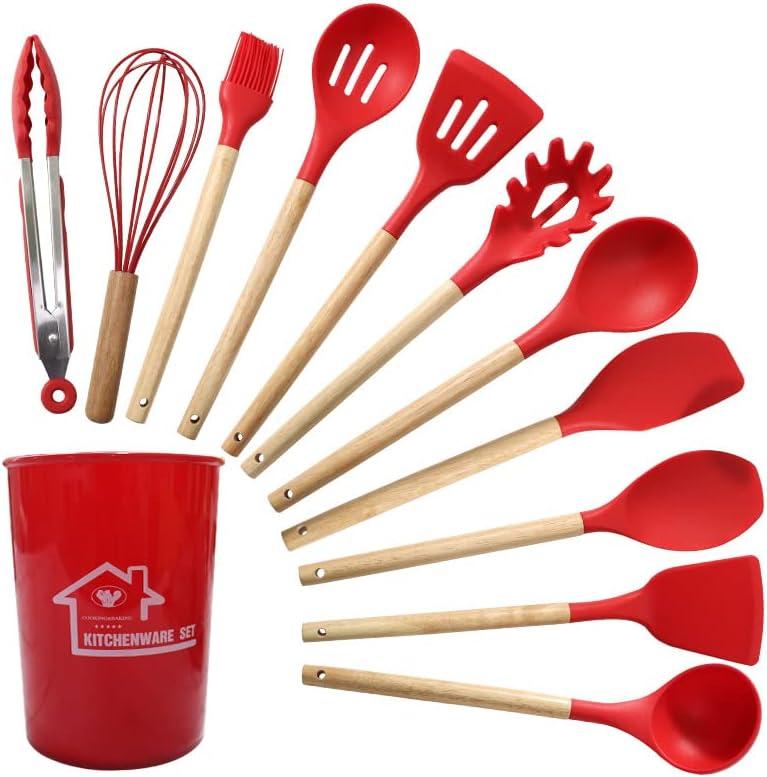 Red 12-Piece Silicone Kitchen Utensils Set with Wooden Handles and Holder