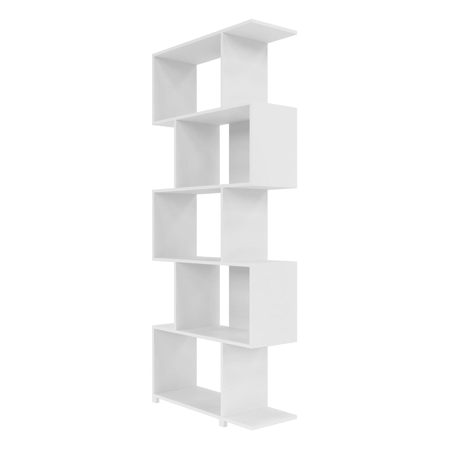 Manhattan Comfort Petrolina Bookshelf with 5 Zig-Zag Cubbies & Open Shelves, Unique Mid Century Modern Bookcase, Ideal for Living Room, Office, Bedroom, Display Ornaments, Trophies, Photos, White