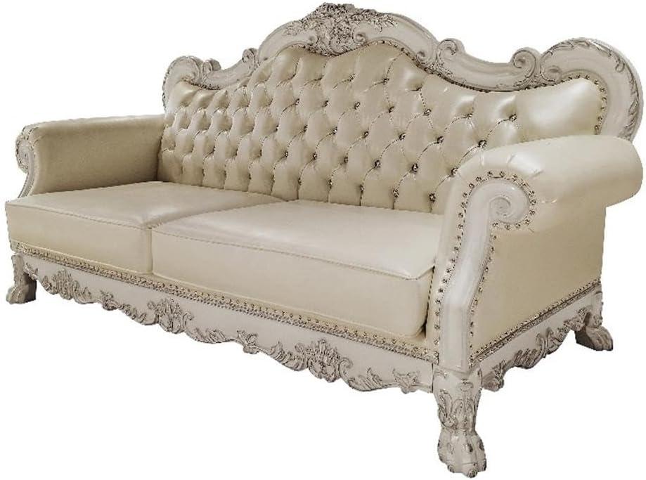 Dresden White Faux Leather Tufted Camelback Sofa with Nailhead Trim