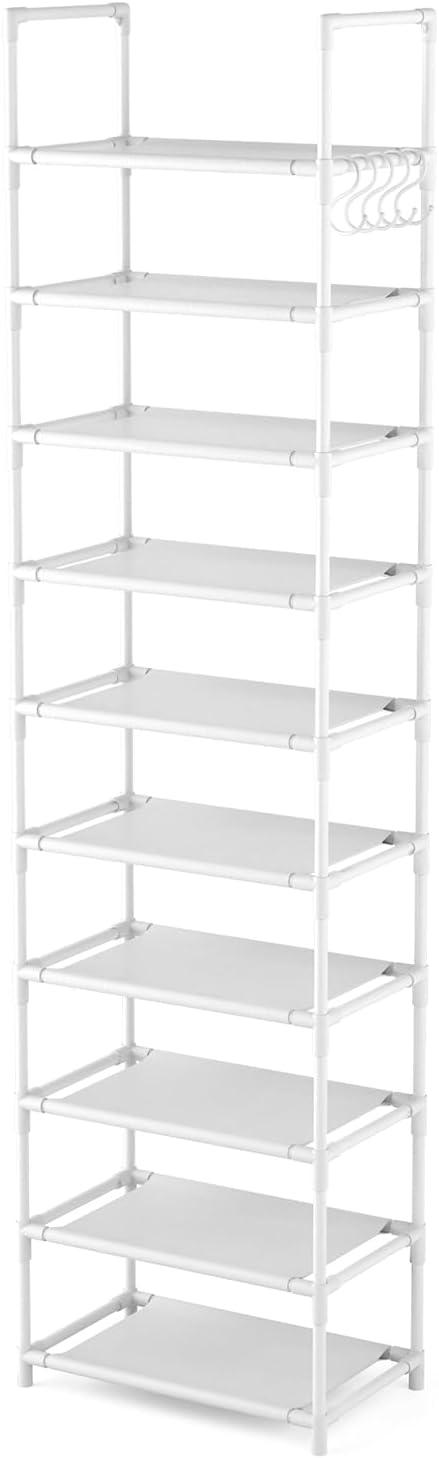 White 10-Tier Tall Stackable Shoe Rack with Hooks