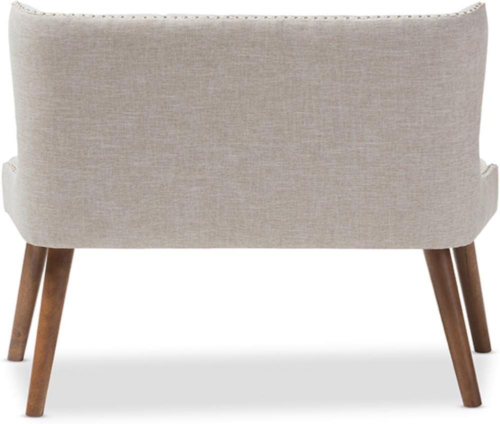 Baxton Studio Scarlett Mid-Century Modern Brown Wood and Light Beige Fabric Upholstered Button-Tufting with Nail Heads Trim 2-Seater Loveseat Settee