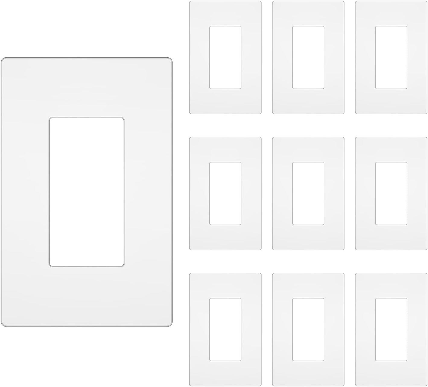 Screwless Decorator Wall Plate, Child Safe Outlet Cover, 1-Gang White Switch Plate Covers, Unbreakable Polycarbonate Thermoplastic, Standard Size, Glossy, 10 Pack