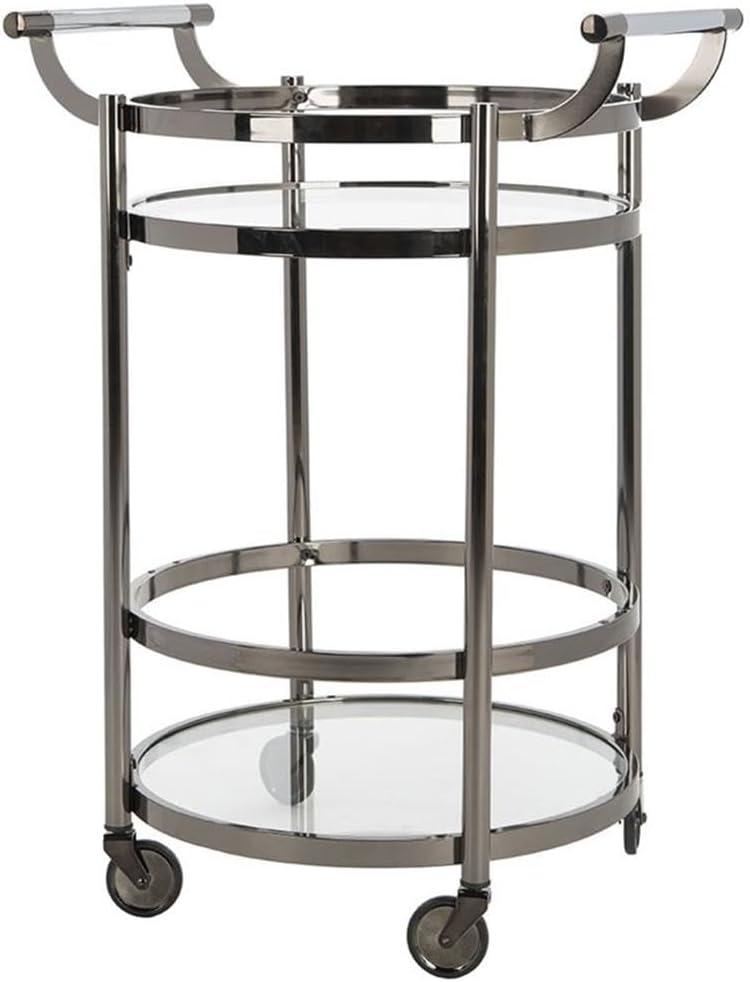 Transitional 24" Gold Metal and Glass Round Bar Cart with Wine Storage