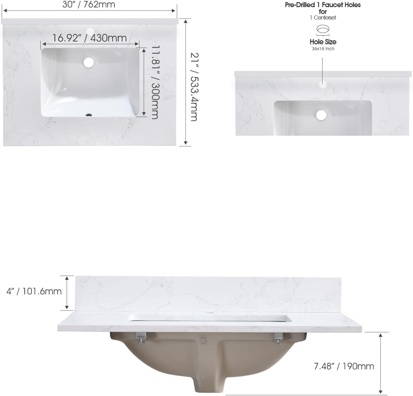 30 in. White Engineered Stone Vanity Top with Rectangular Sink