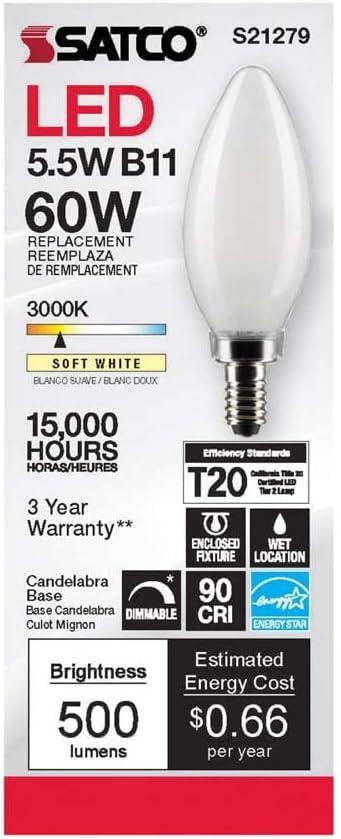 Satco Lighting 5.5 Watt Dimmable B11 Candelabra (E12) LED Bulb - 500 Lumens, And 90CRI S21279