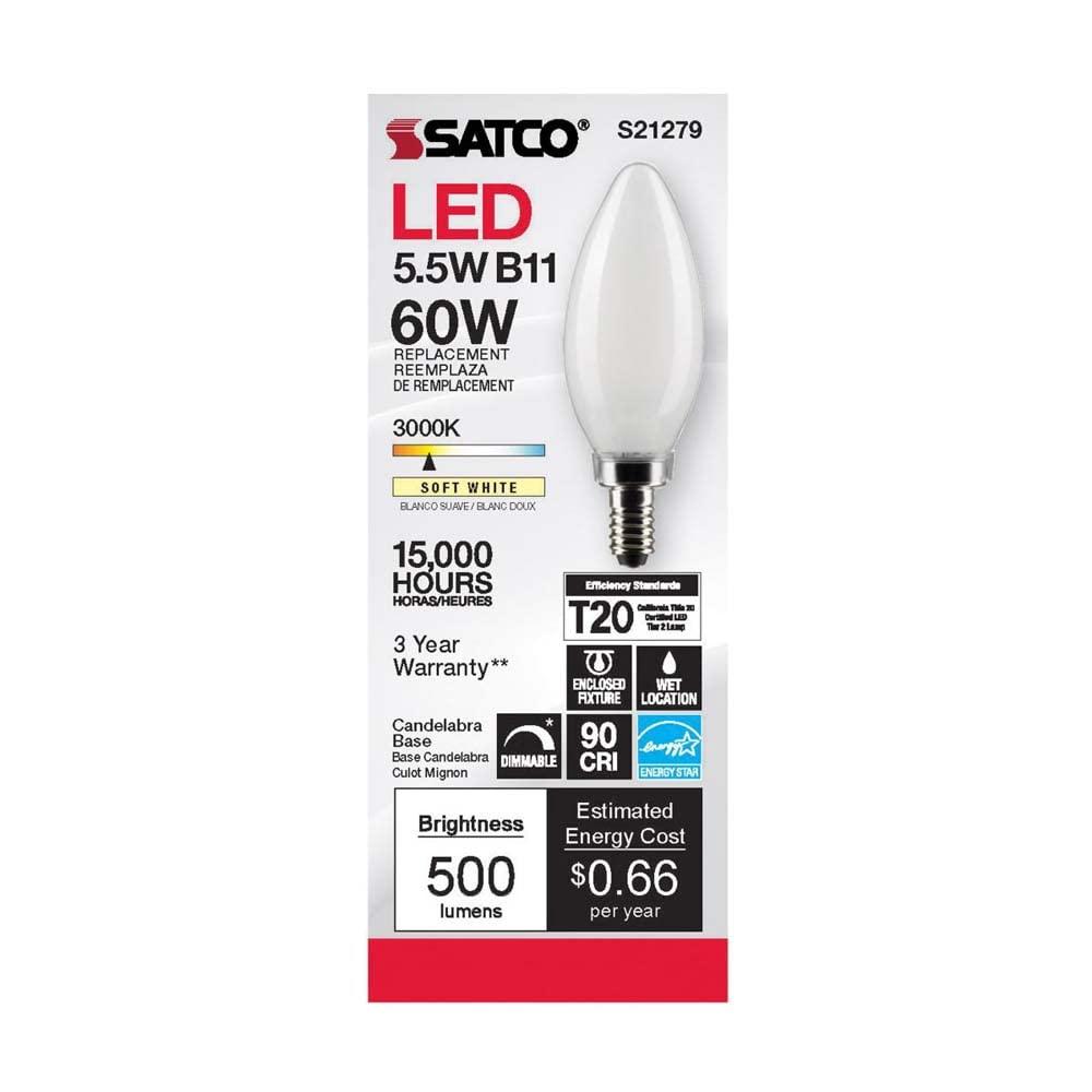 Satco Lighting 5.5 Watt Dimmable B11 Candelabra (E12) LED Bulb - 500 Lumens, And 90CRI S21279